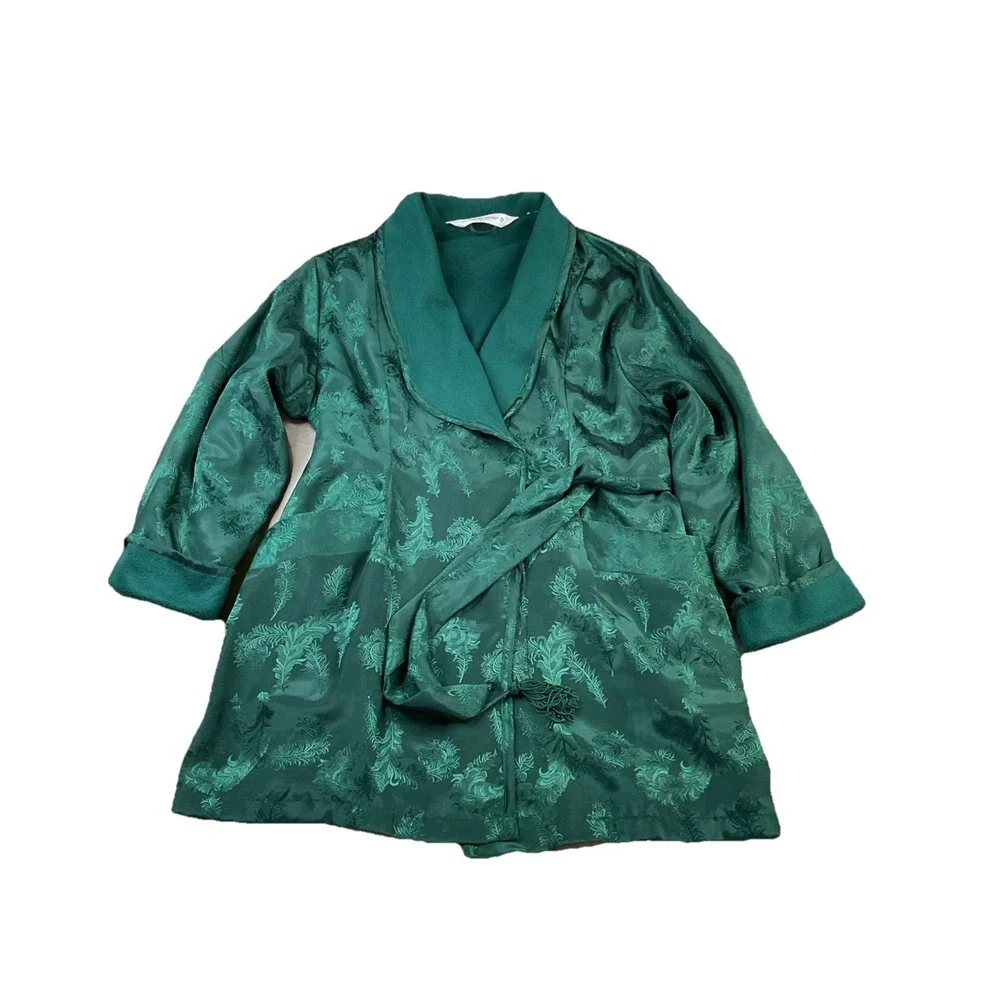 Victoria's Secret Robe Green Satin Fleece Lined Floral Pockets Belted Vintage